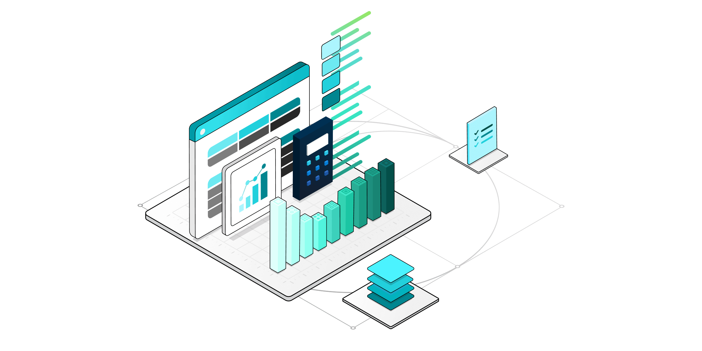 Eine isometrische Illustration technischer Komponenten für Business Central-Dienste.